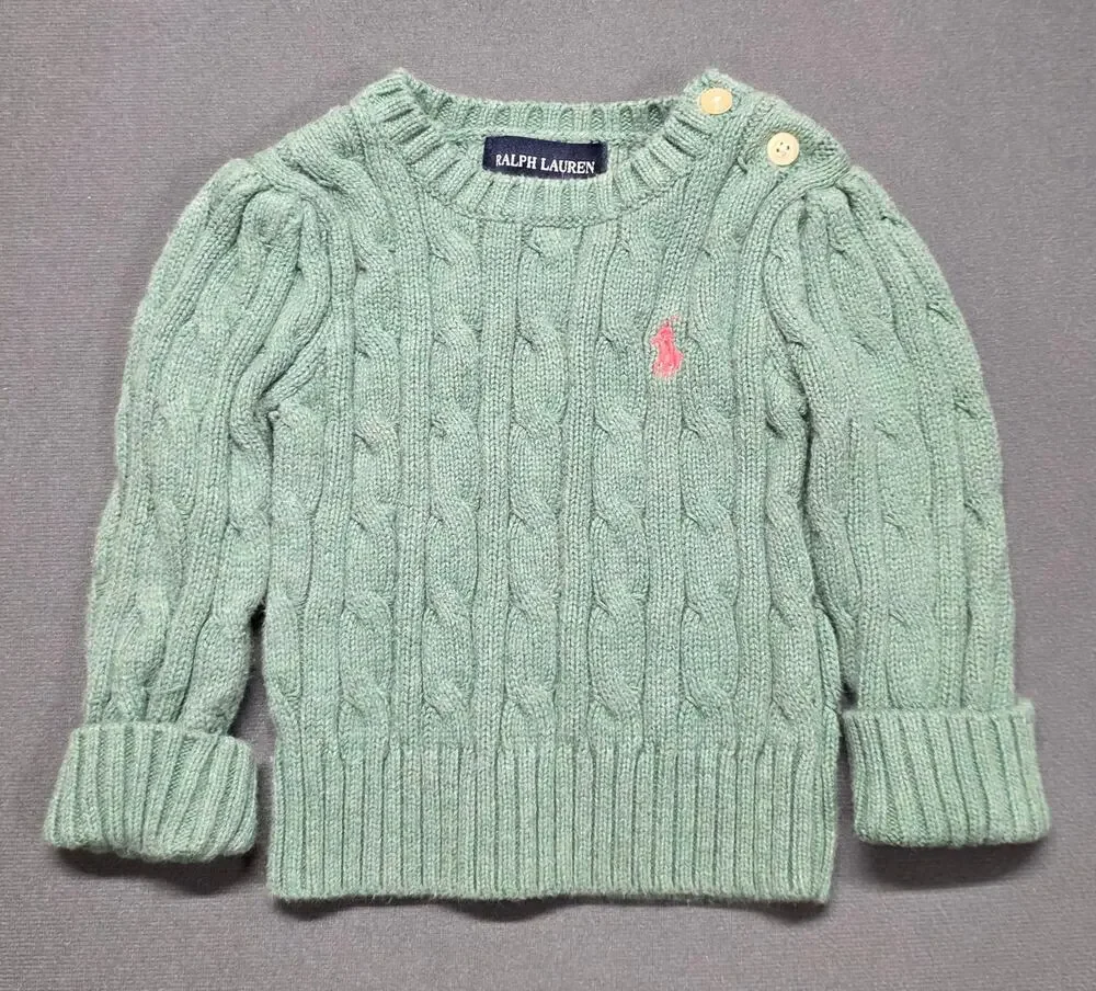 Ralph Lauren Cable Knit Sweater Baby Girls 9 Months Seafoam Green Ribbed Cuff